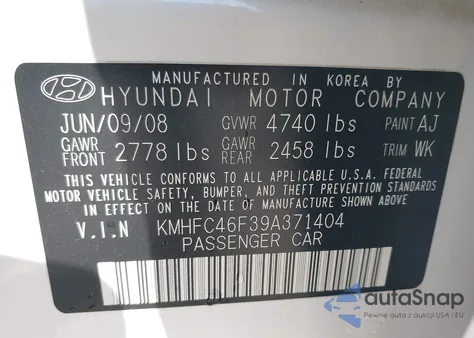 2009 Hyundai Azera Limited from USA, damaged, VIN KMHFC46F39A371404